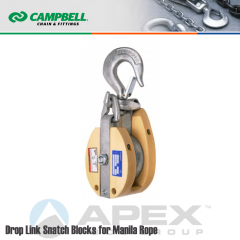 Campbell #7265686 6 in. Single Sheave Drop Link Snatch Wood Block - Manila Rope - WLL 2400 lb - Swivel Hook w/Latch