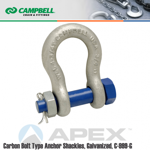 Campbell #5391635 1 in. Bolt Type Anchor Shackles - 8-1/2 Ton WLL - Carbon  Steel - Hot Dip Galvanized